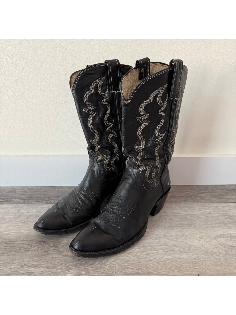 Vintage Black Western Leather Pointy Toe Cowgirl Boots Women Size 9.5A
